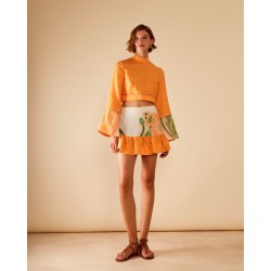 Aspasia, Printed panels turtle neck linen cropped top with cut-out back