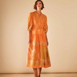 Antheia Loom-paneled sharp tailored linen-viscose midi belted dress.